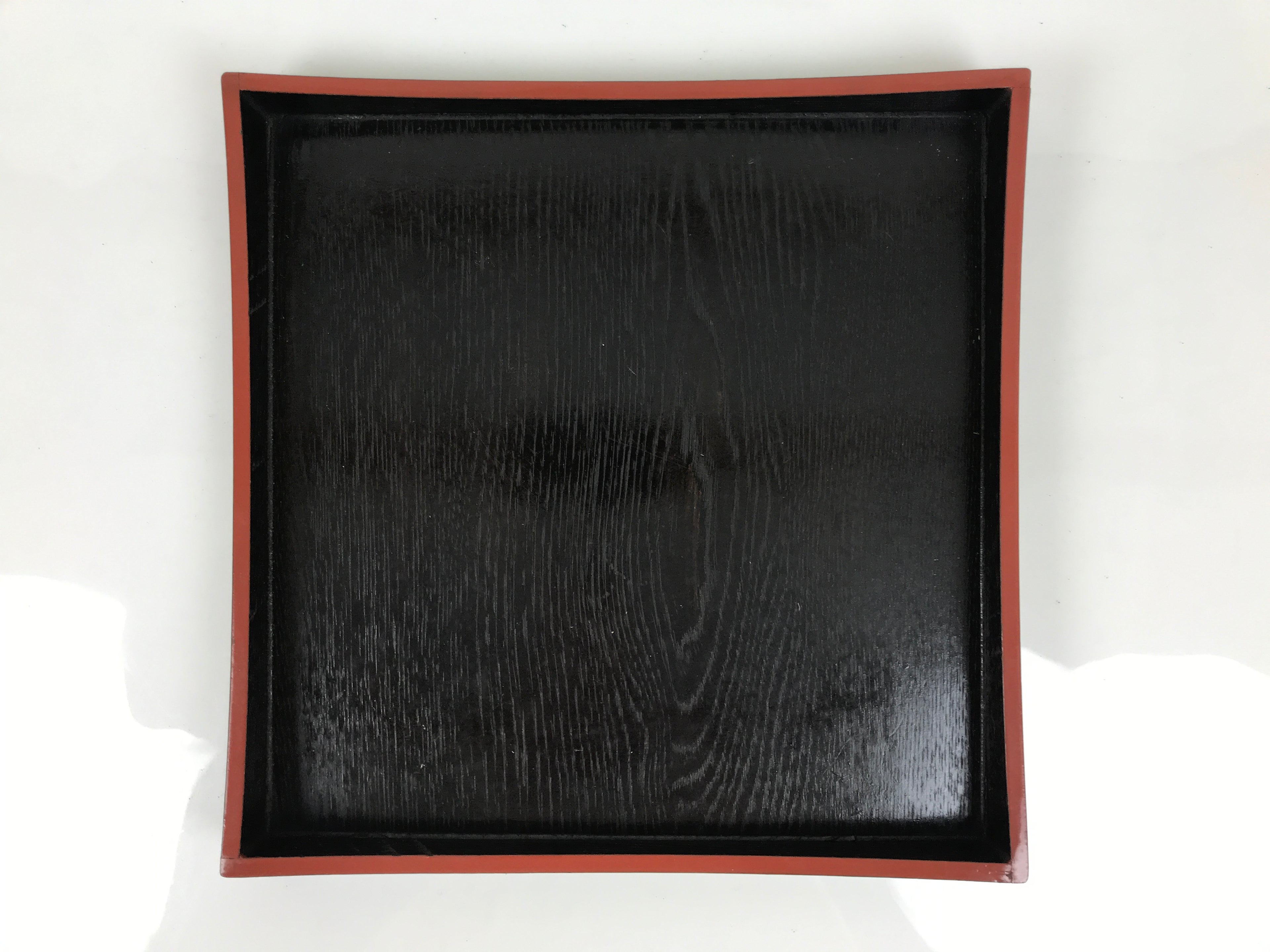Japanese Lacquered Wood Serving Tray Obon Vtg Square Curved Red Edge Black L614
