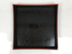 Japanese Lacquered Wood Serving Tray Obon Vtg Square Curved Red Edge Black L614