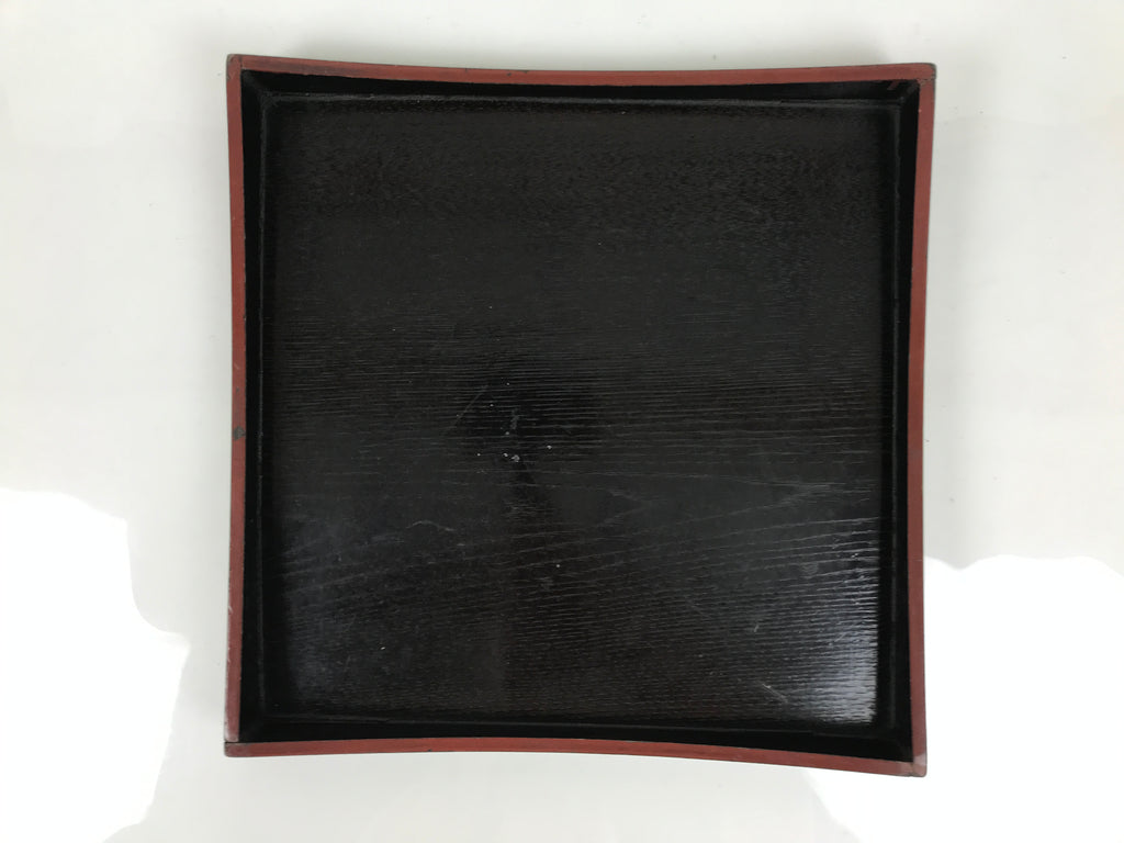 Japanese Lacquered Wood Serving Tray Obon Vtg Square Curved Red Edge Black L615