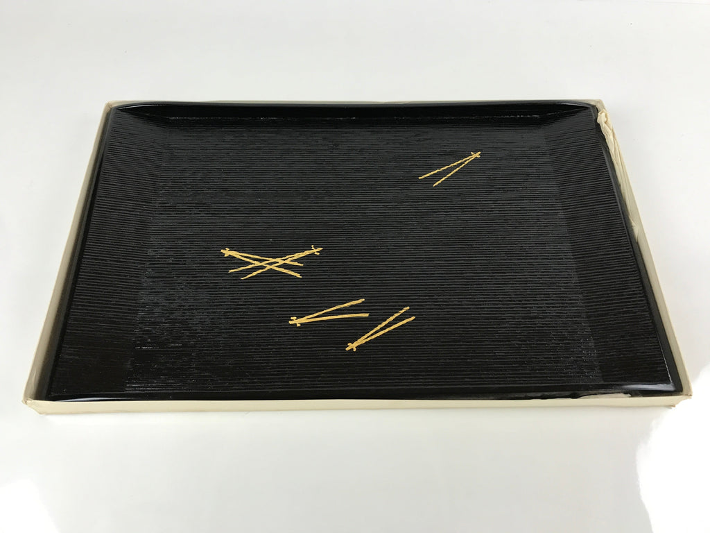 Japanese Lacquered Wood Serving Tray Vtg Obon Pine Matsuba Makie Black LWB88