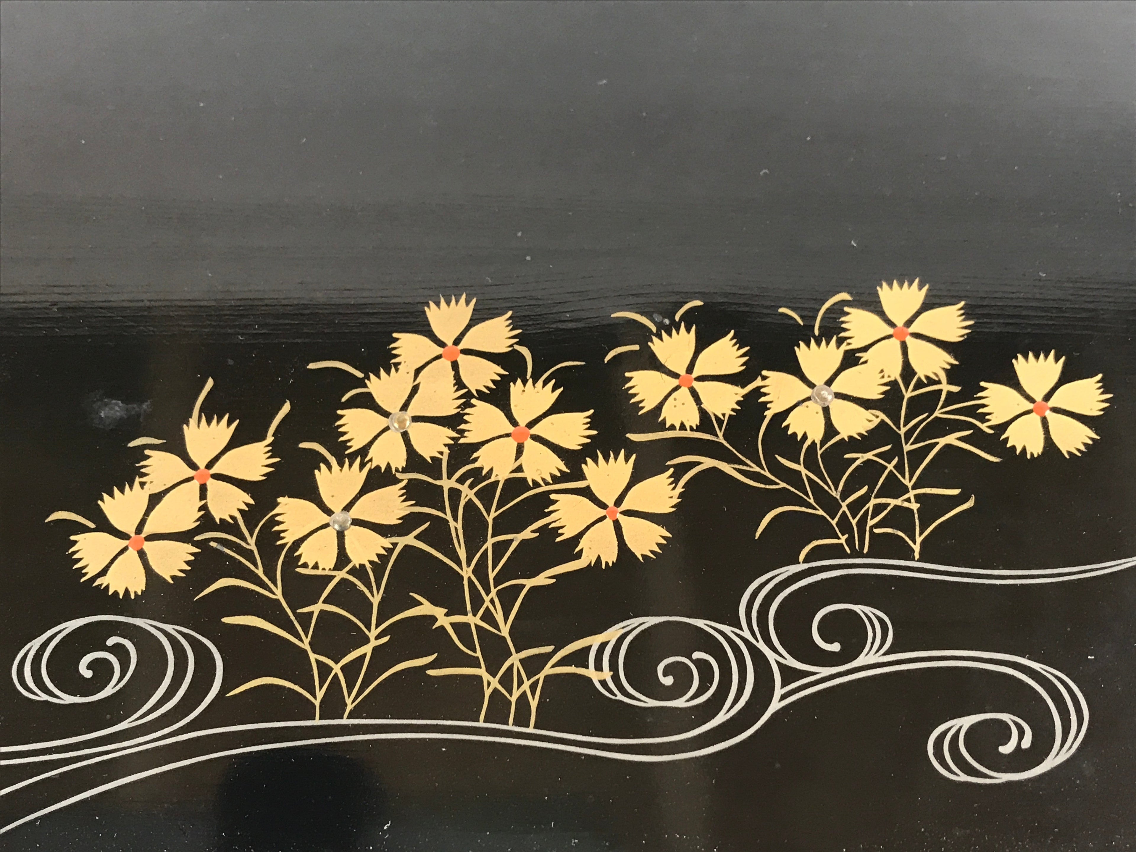 Japanese Lacquered Wood Serving Tray Vtg Small Rectangular Black Makie Gold L79