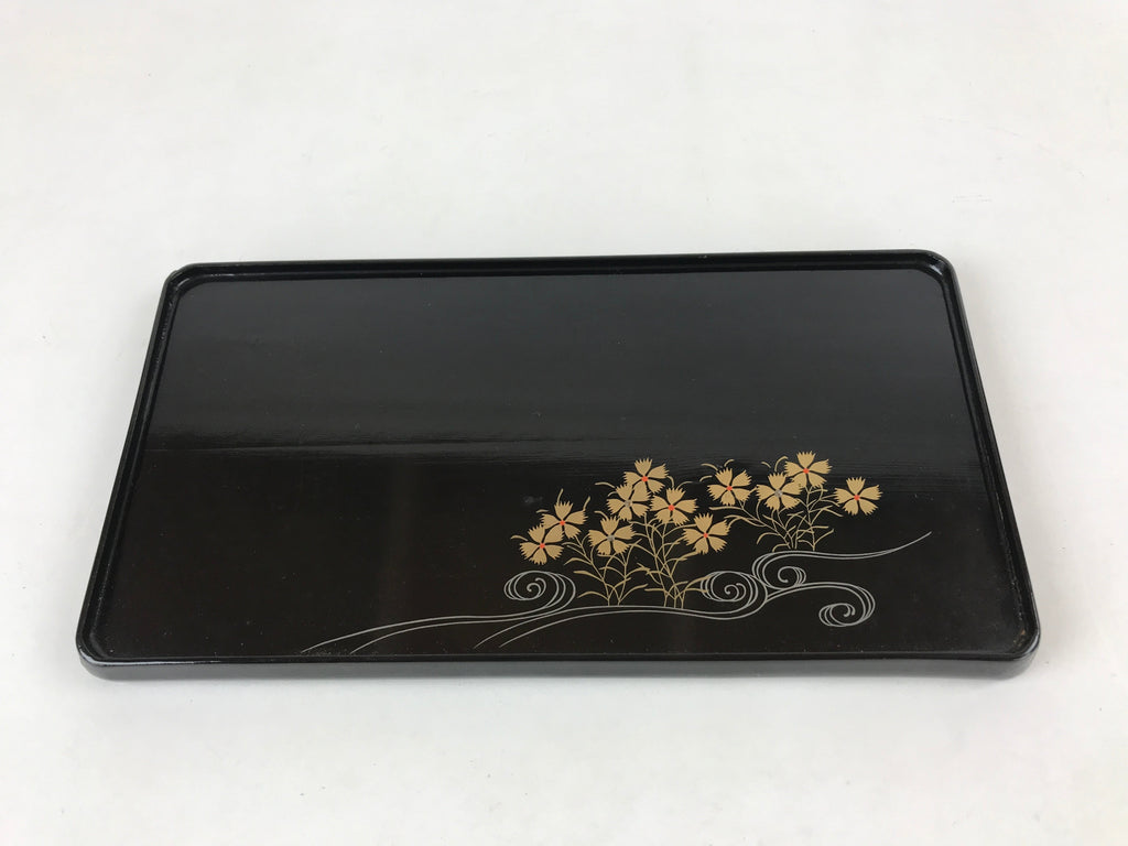 Japanese Lacquered Wood Serving Tray Vtg Small Rectangular Black Makie Gold L79