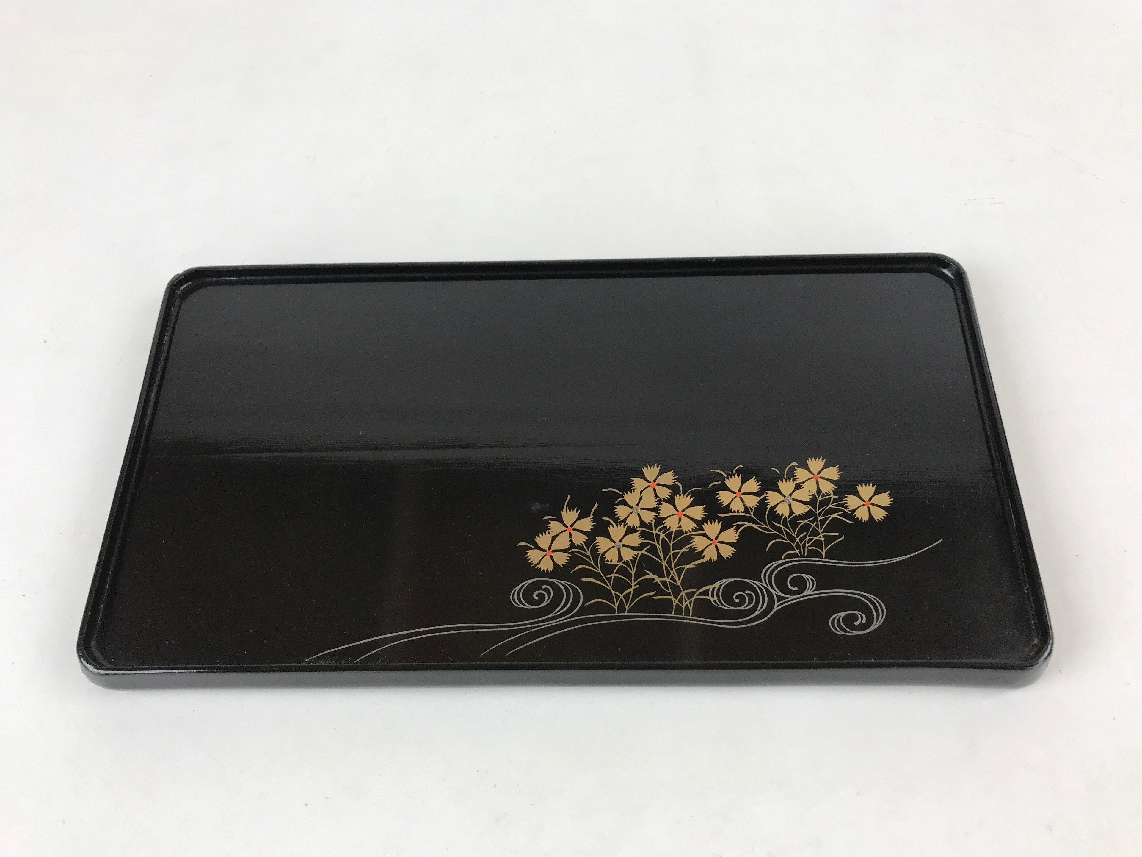 Japanese Lacquered Wood Serving Tray Vtg Small Rectangular Black Makie Gold L79
