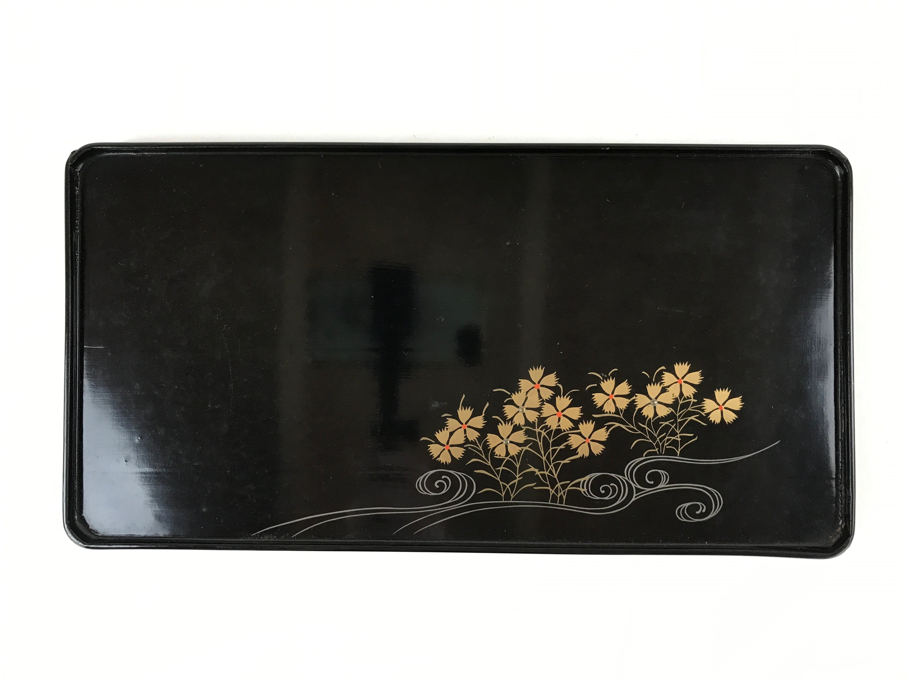 Japanese Lacquered Wood Serving Tray Vtg Small Rectangular Black Makie Gold L79