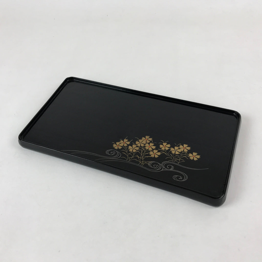 Japanese Lacquered Wood Serving Tray Vtg Small Rectangular Black Makie Gold L79