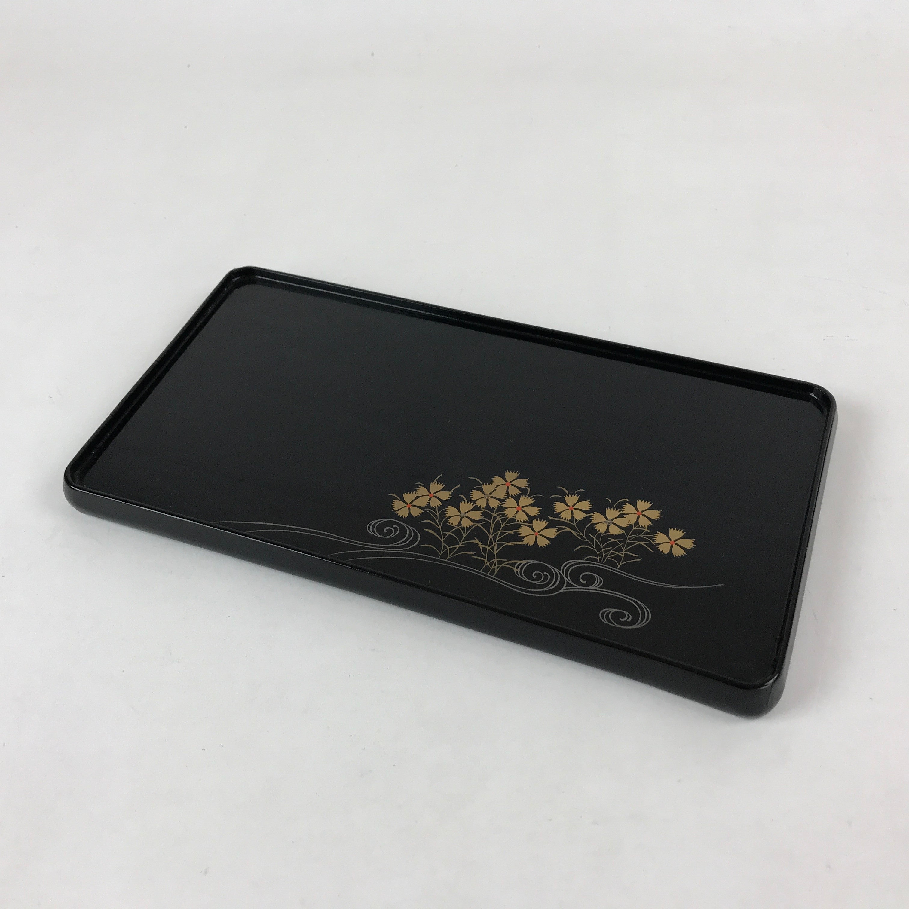 Japanese Lacquered Wood Serving Tray Vtg Small Rectangular Black Makie Gold L79