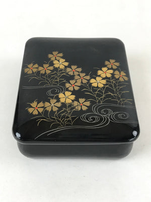 Japanese Lacquered Wood Small Box W/ Lid Vtg Black Makie Gold Flowers L80