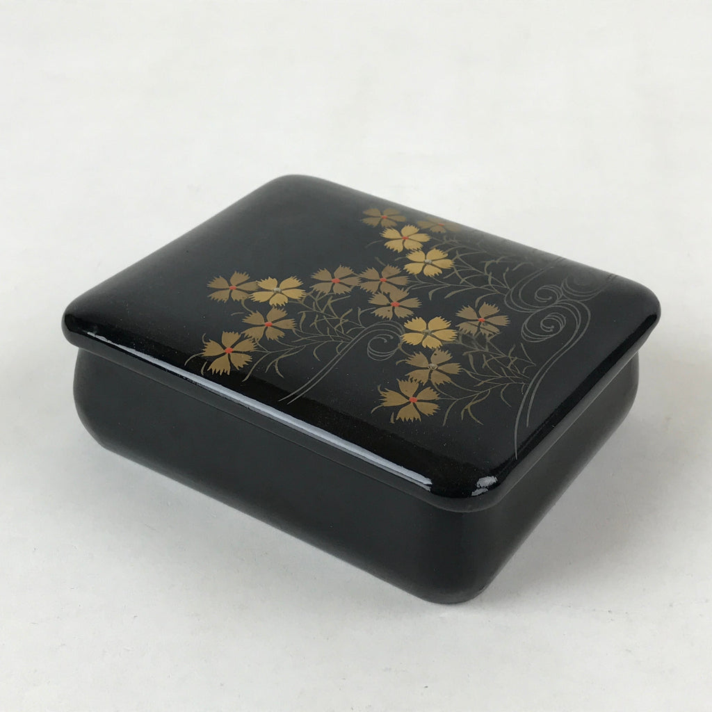 Japanese Lacquered Wood Small Box W/ Lid Vtg Black Makie Gold Flowers L80