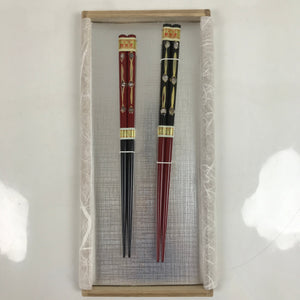 Japanese Lacquered Wooden Chopstick Pair Set Vtg Wakasa Raden Red Black L297