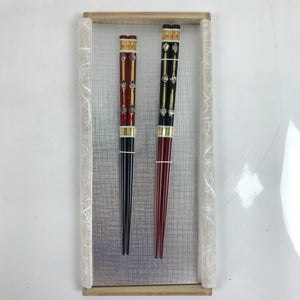 Japanese Lacquered Wooden Chopstick Pair Set Vtg Wakasa Raden Red Black L298