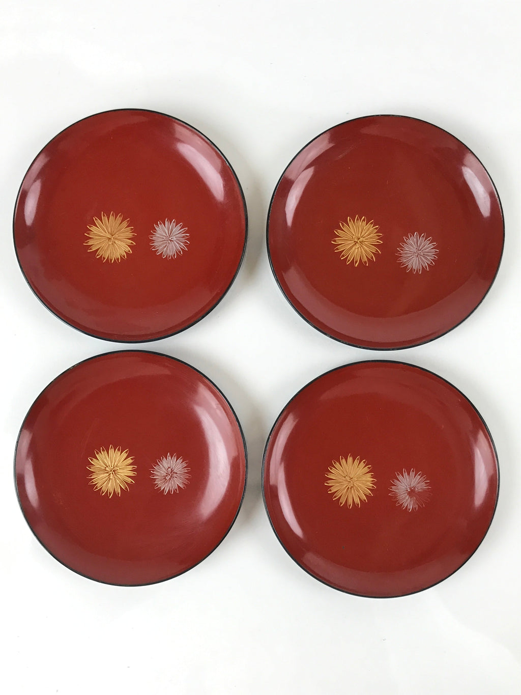 Japanese Lacquered Wooden Drink Saucer Chataku Vtg Makie 5pc Kiku Red Black L127