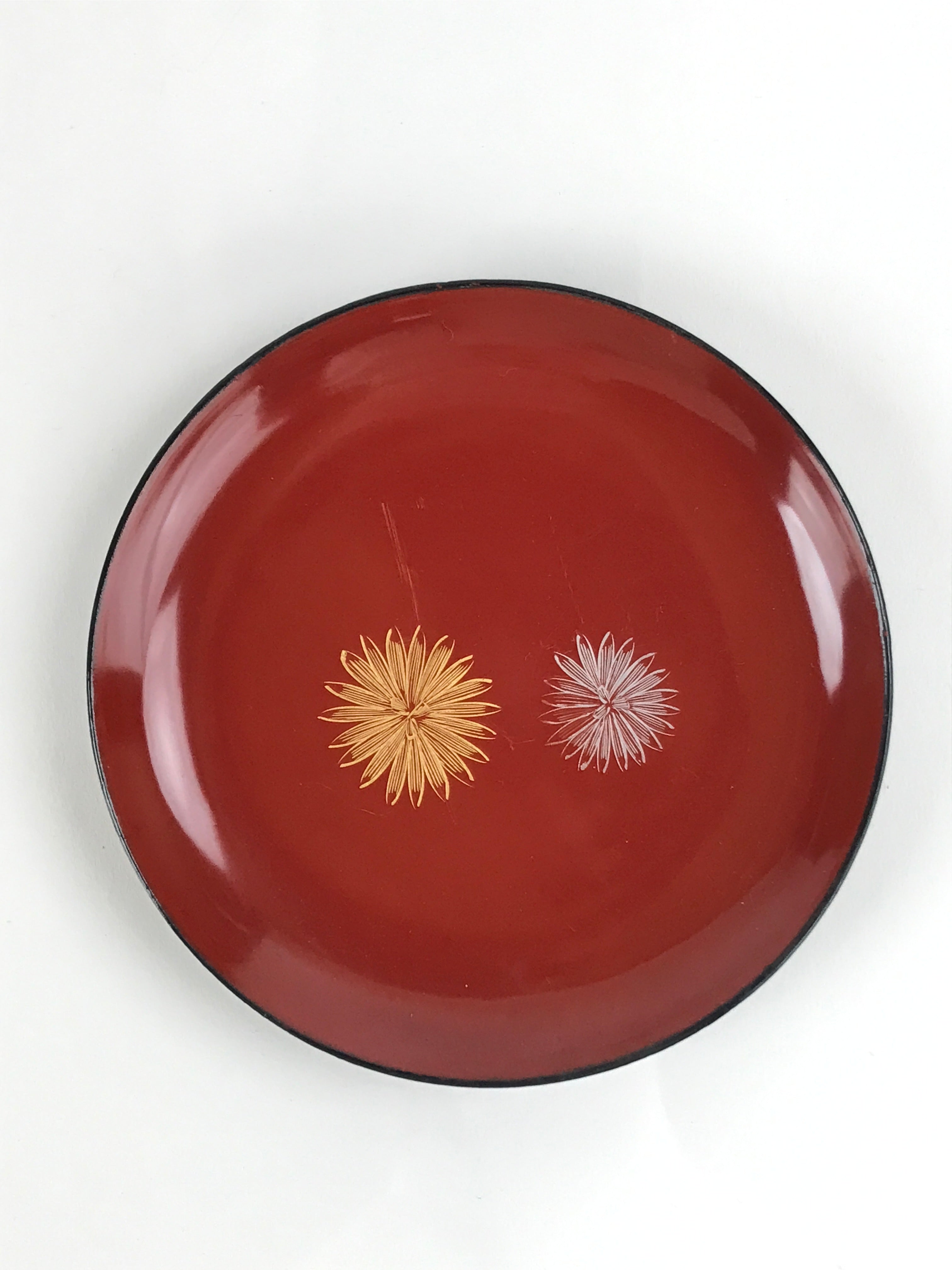 Japanese Lacquered Wooden Drink Saucer Chataku Vtg Makie 5pc Kiku Red Black L127