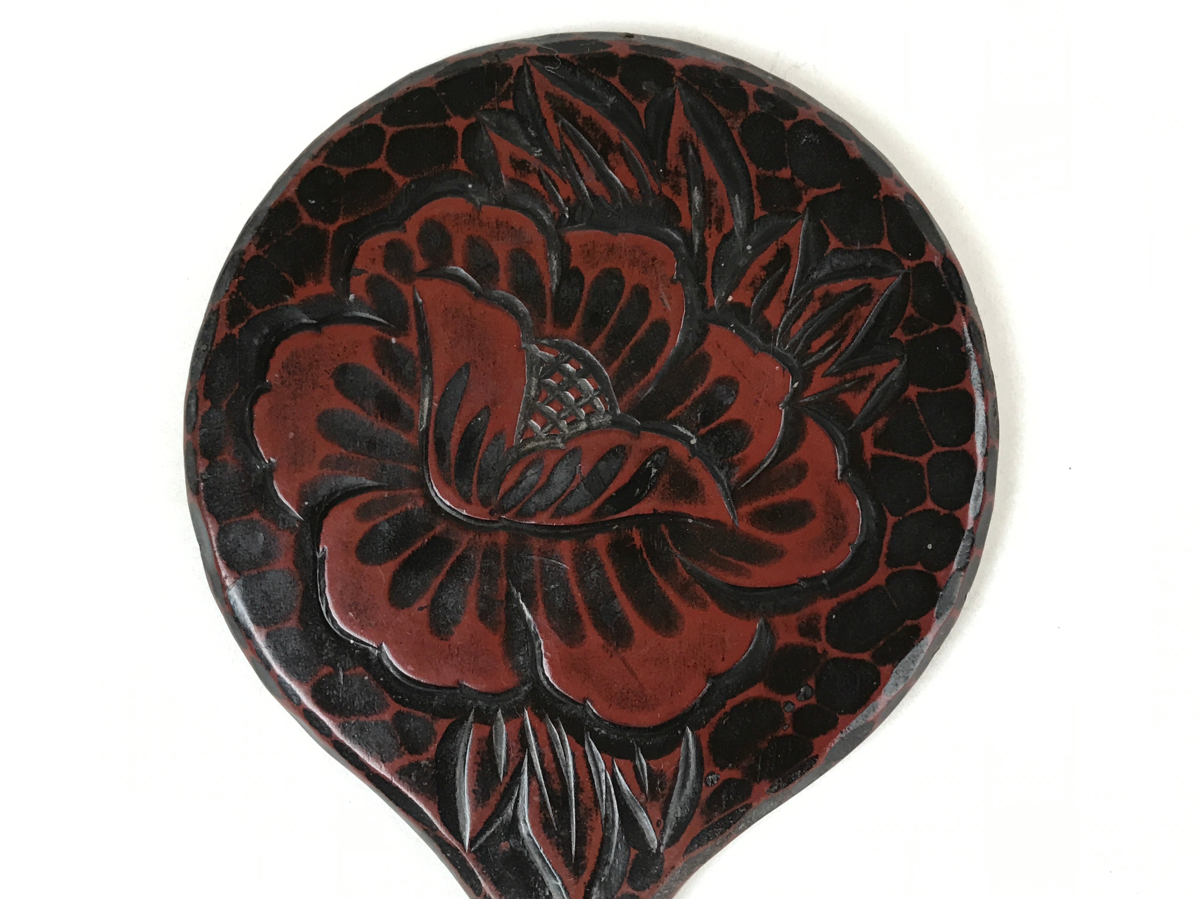 Japanese Lacquered Wooden Hand Mirror Tekagami Vtg Kamakurabori Peony L101