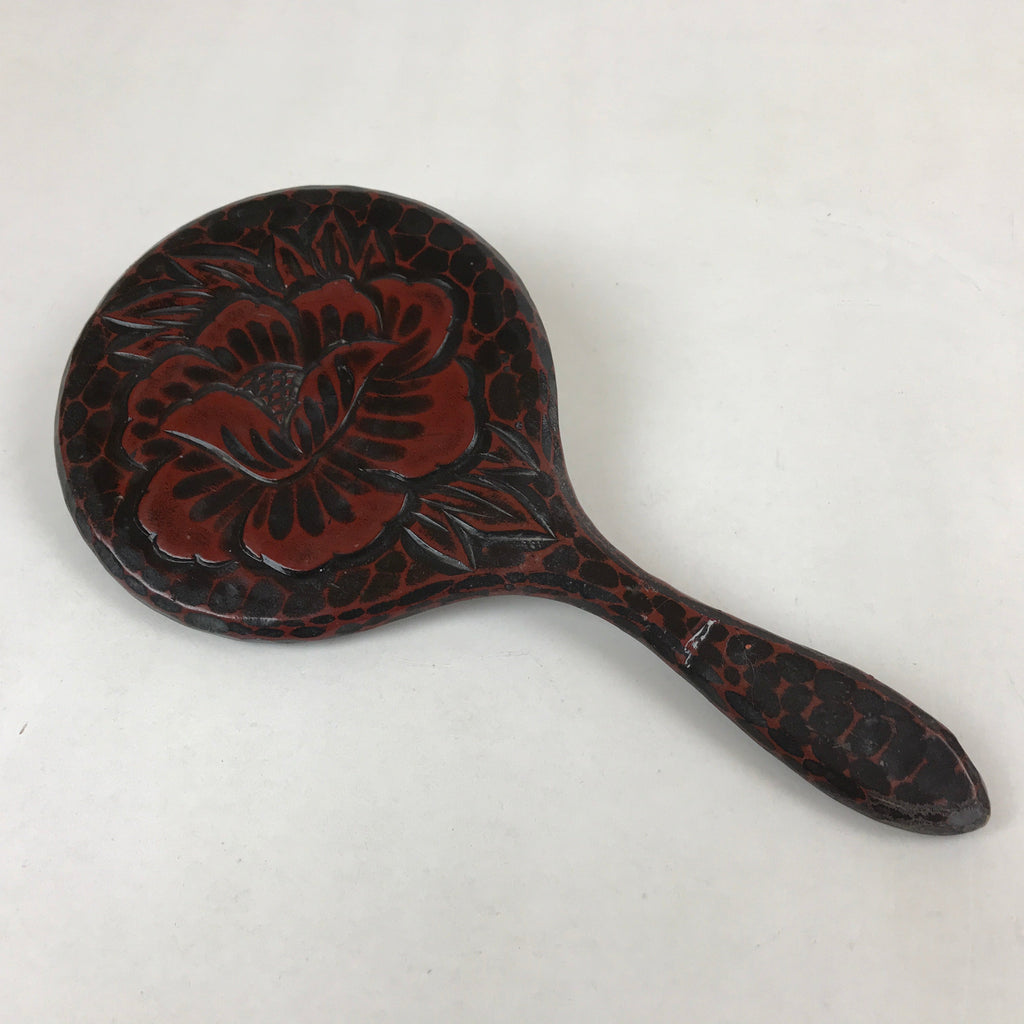 Japanese Lacquered Wooden Hand Mirror Tekagami Vtg Kamakurabori Peony L101