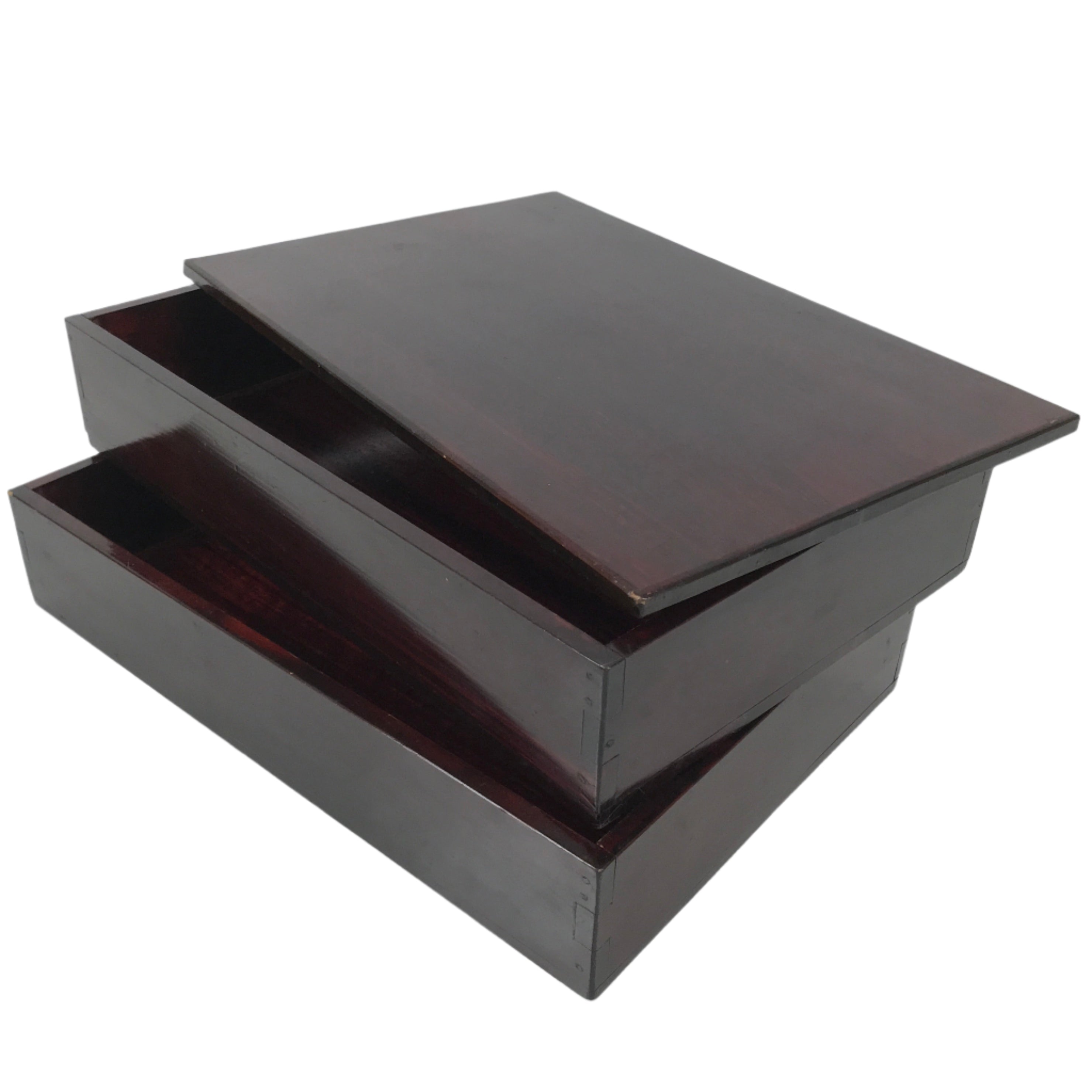 Japanese Lacquered Wooden Jubako Storage Box Vtg Lid Two Tier Bento Brown FB90