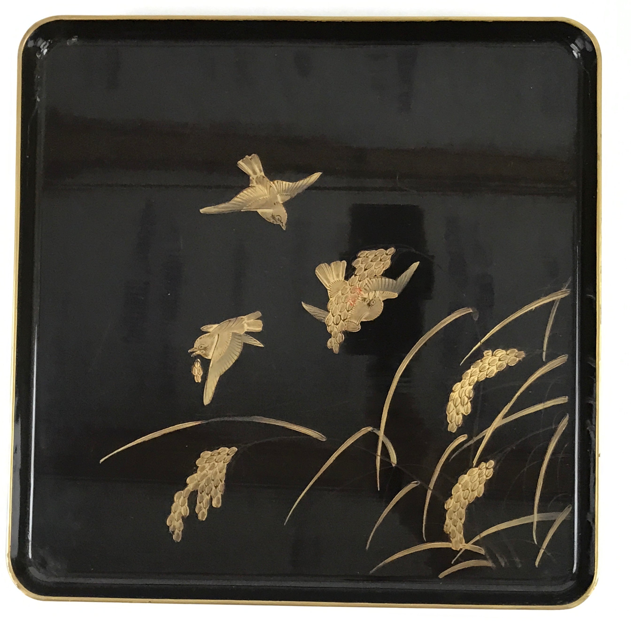 Japanese Lacquered Wooden Legged Table Vtg Ozen Serving Tray Makie Birds L364