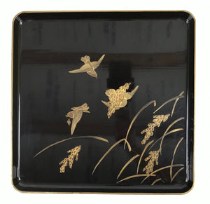 Japanese Lacquered Wooden Legged Table Vtg Ozen Serving Tray Makie Birds L365