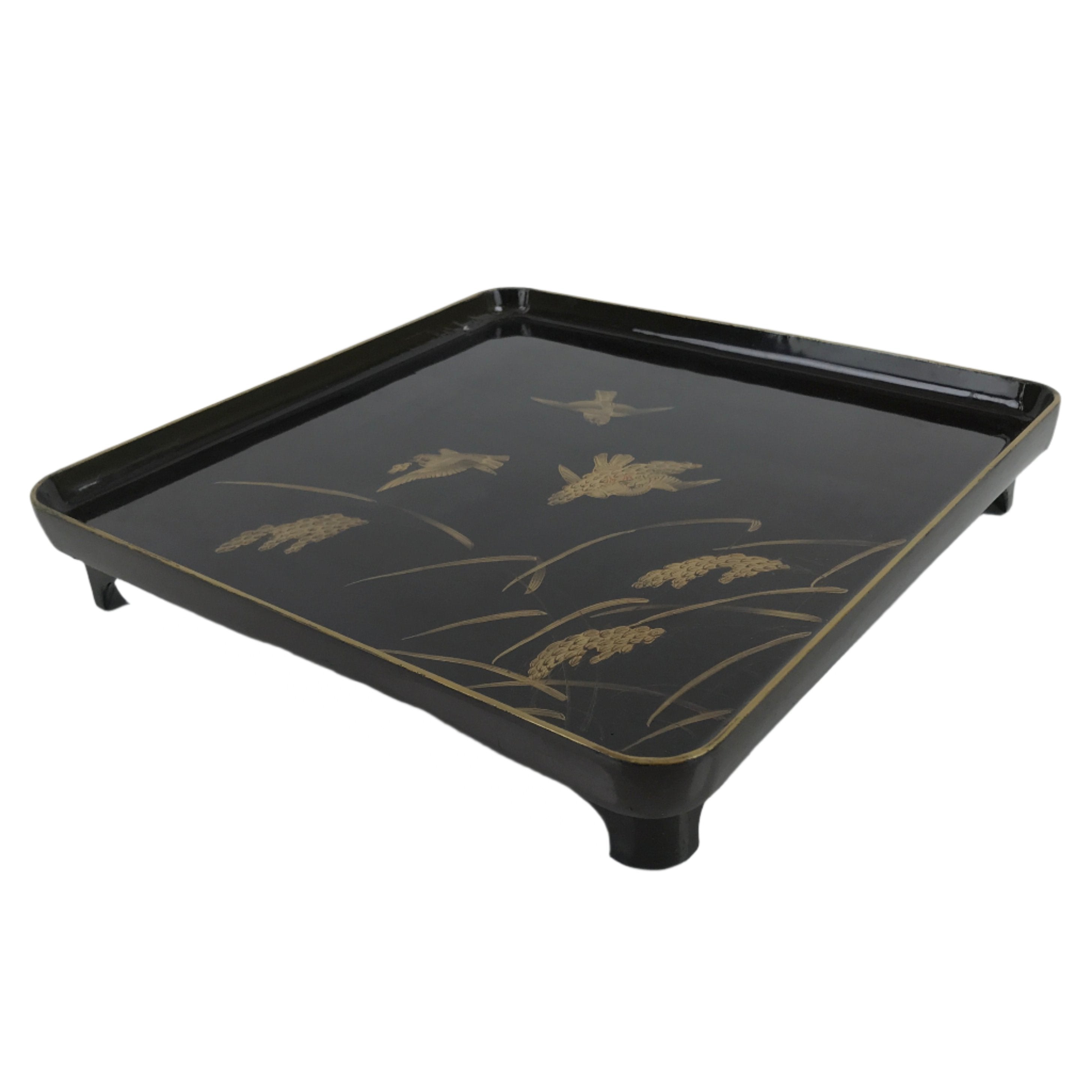 Japanese Lacquered Wooden Legged Table Vtg Ozen Serving Tray Makie Birds L367