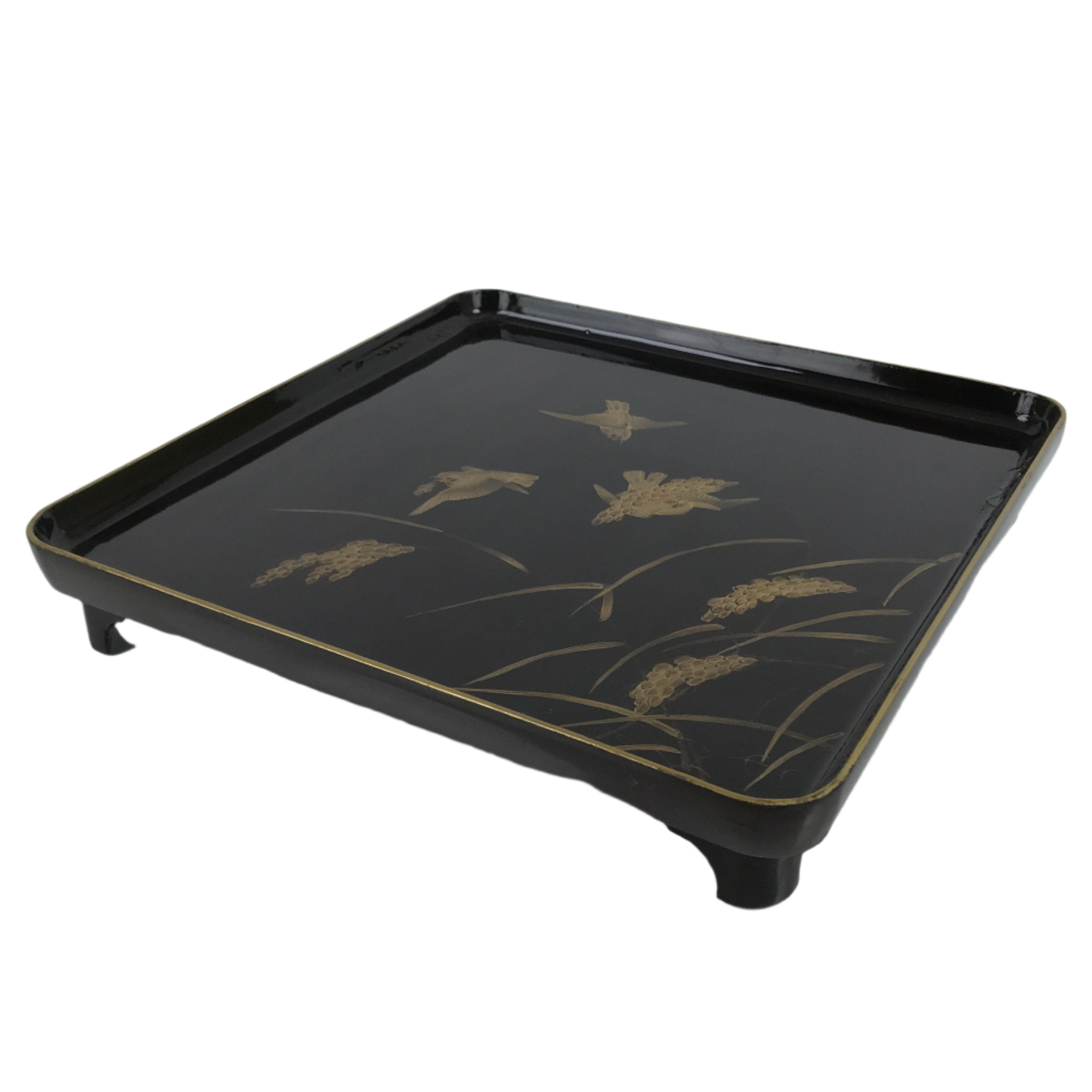 Japanese Lacquered Wooden Legged Table Vtg Ozen Serving Tray Makie Birds L368