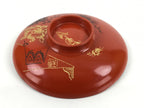 Japanese Lacquered Wooden Lidded Bowl Nimonowan Vtg Gold Carving Red Brown LB117