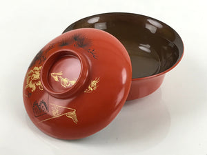 Japanese Lacquered Wooden Lidded Bowl Nimonowan Vtg Gold Carving Red Brown LB117