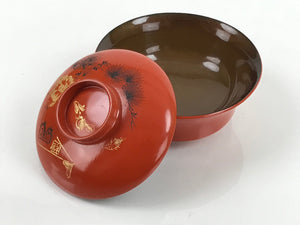 Japanese Lacquered Wooden Lidded Bowl Nimonowan Vtg Gold Carving Red Brown LB118