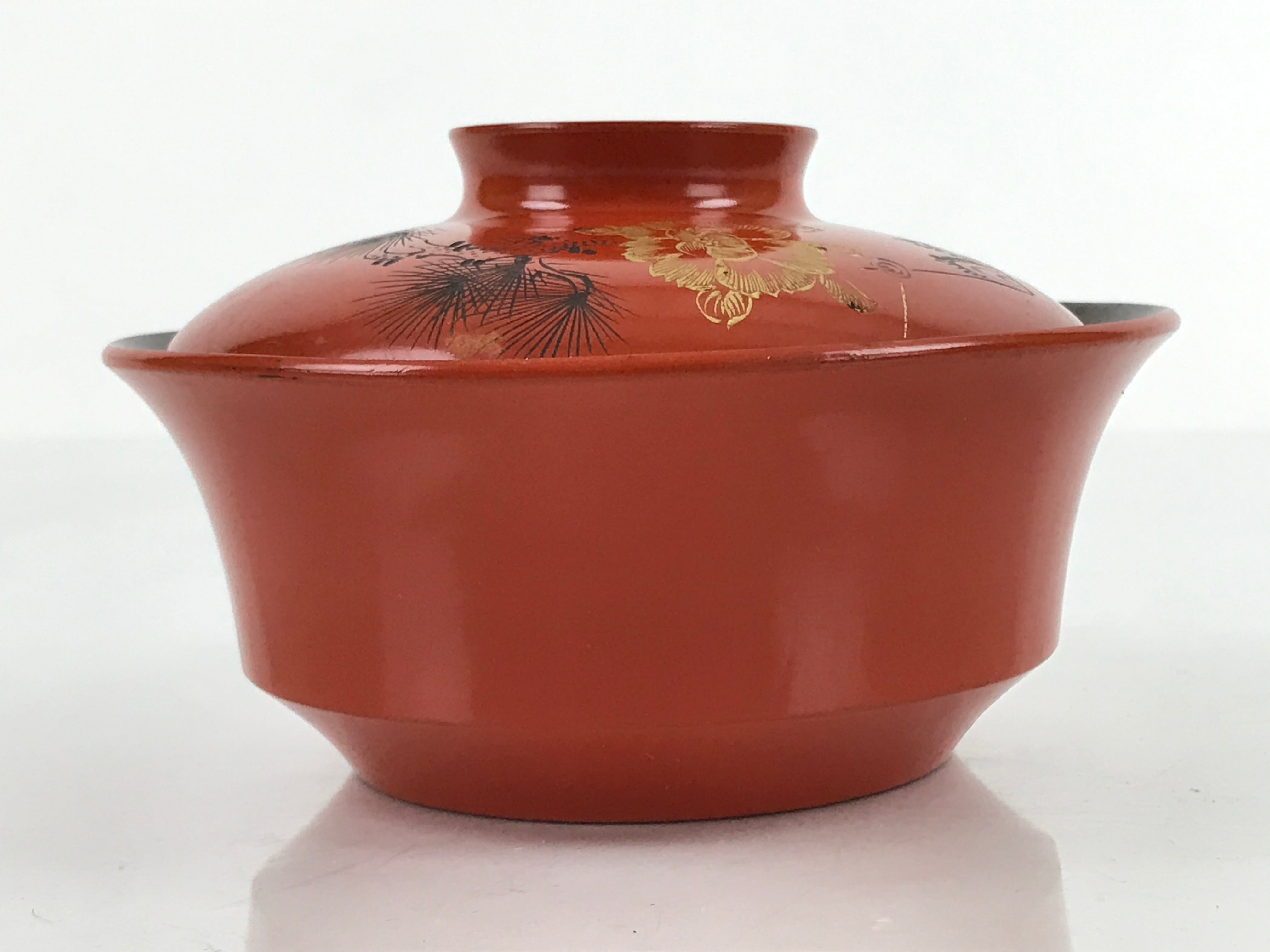 Japanese Lacquered Wooden Lidded Bowl Nimonowan Vtg Gold Carving Red Brown LB118