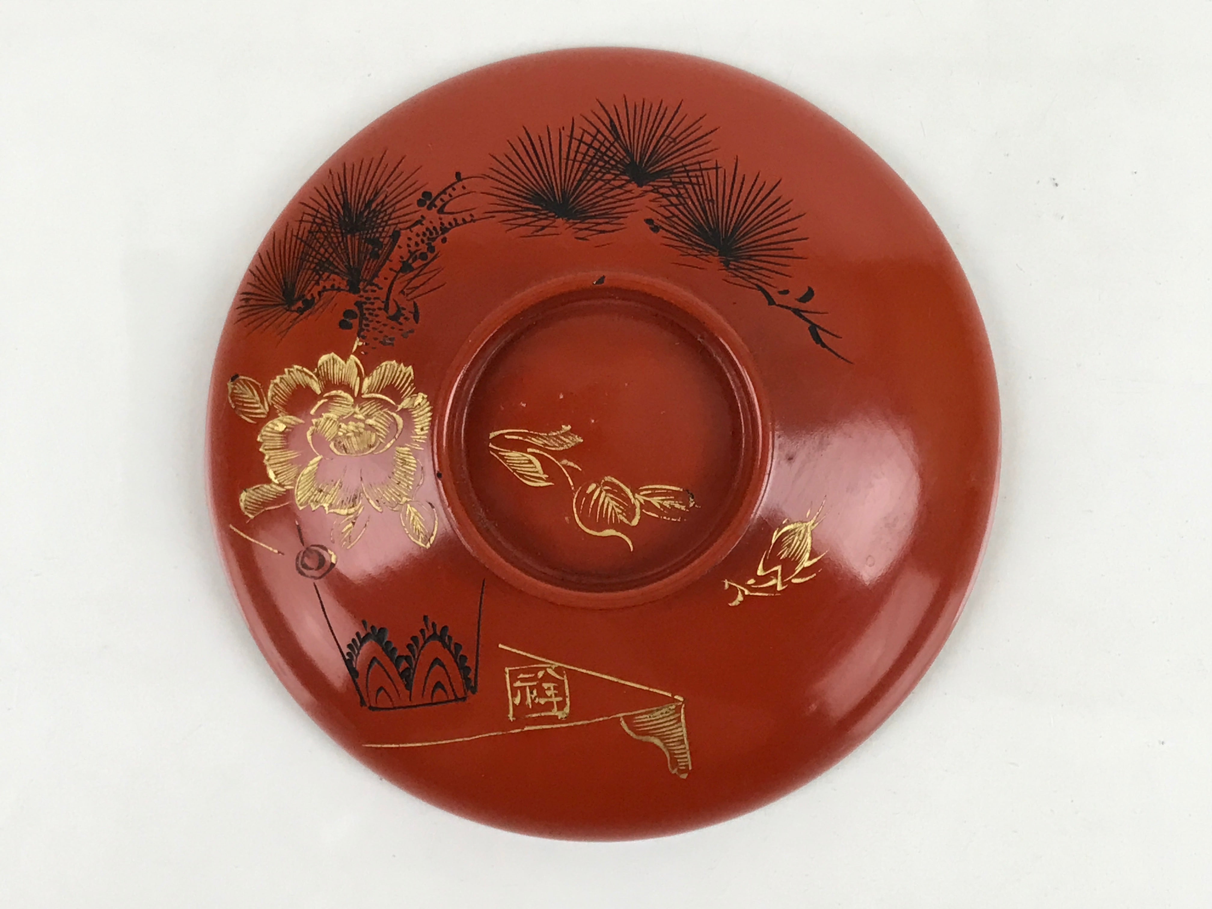 Japanese Lacquered Wooden Lidded Bowl Nimonowan Vtg Gold Carving Red Brown LB119