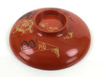 Japanese Lacquered Wooden Lidded Bowl Nimonowan Vtg Gold Carving Red Brown LB119