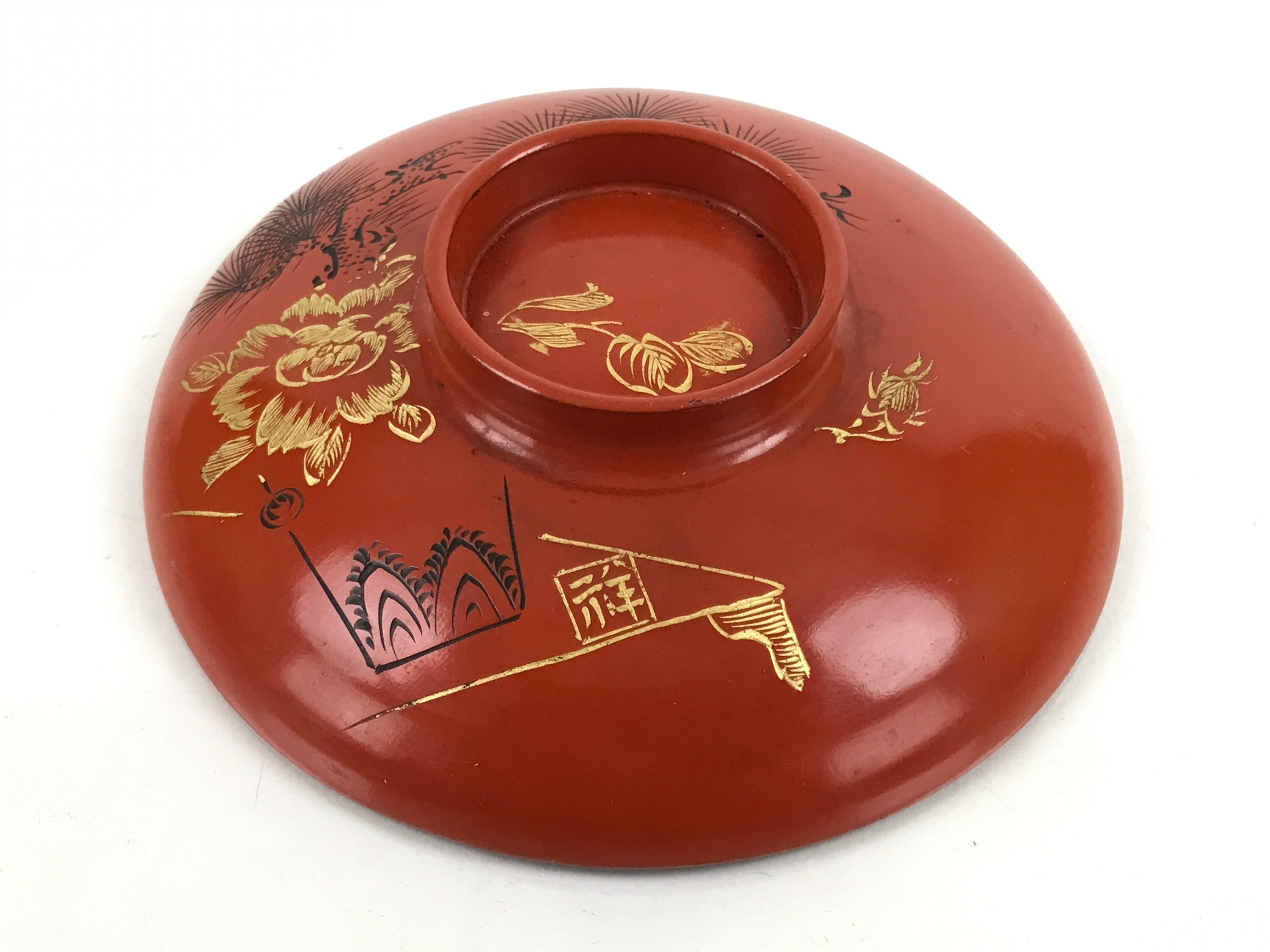 Japanese Lacquered Wooden Lidded Bowl Nimonowan Vtg Gold Carving Red Brown LB120