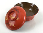 Japanese Lacquered Wooden Lidded Bowl Nimonowan Vtg Gold Carving Red Brown LB120