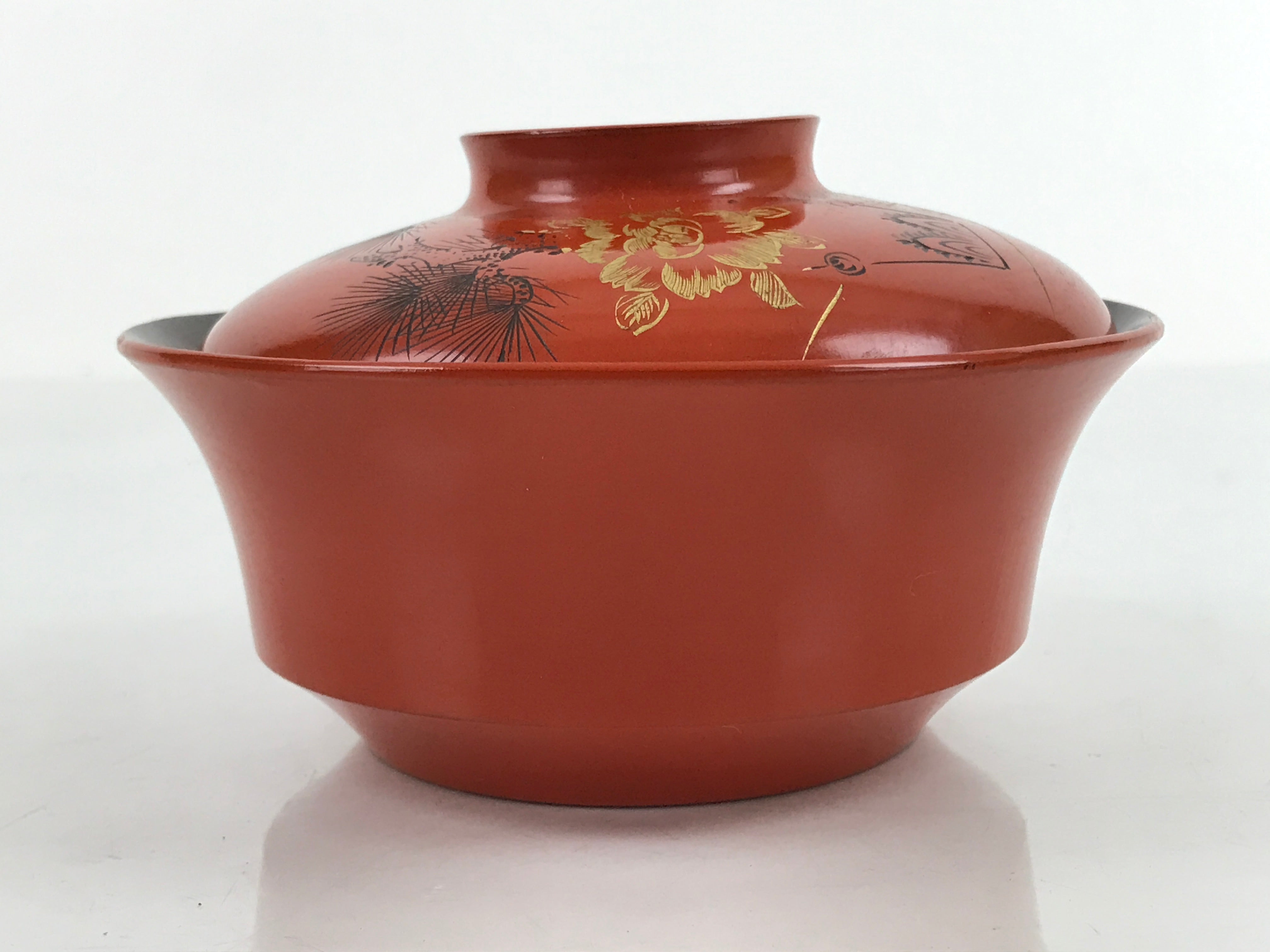 Japanese Lacquered Wooden Lidded Bowl Nimonowan Vtg Gold Carving Red Brown LB120