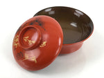 Japanese Lacquered Wooden Lidded Bowl Nimonowan Vtg Gold Carving Red Brown LB121