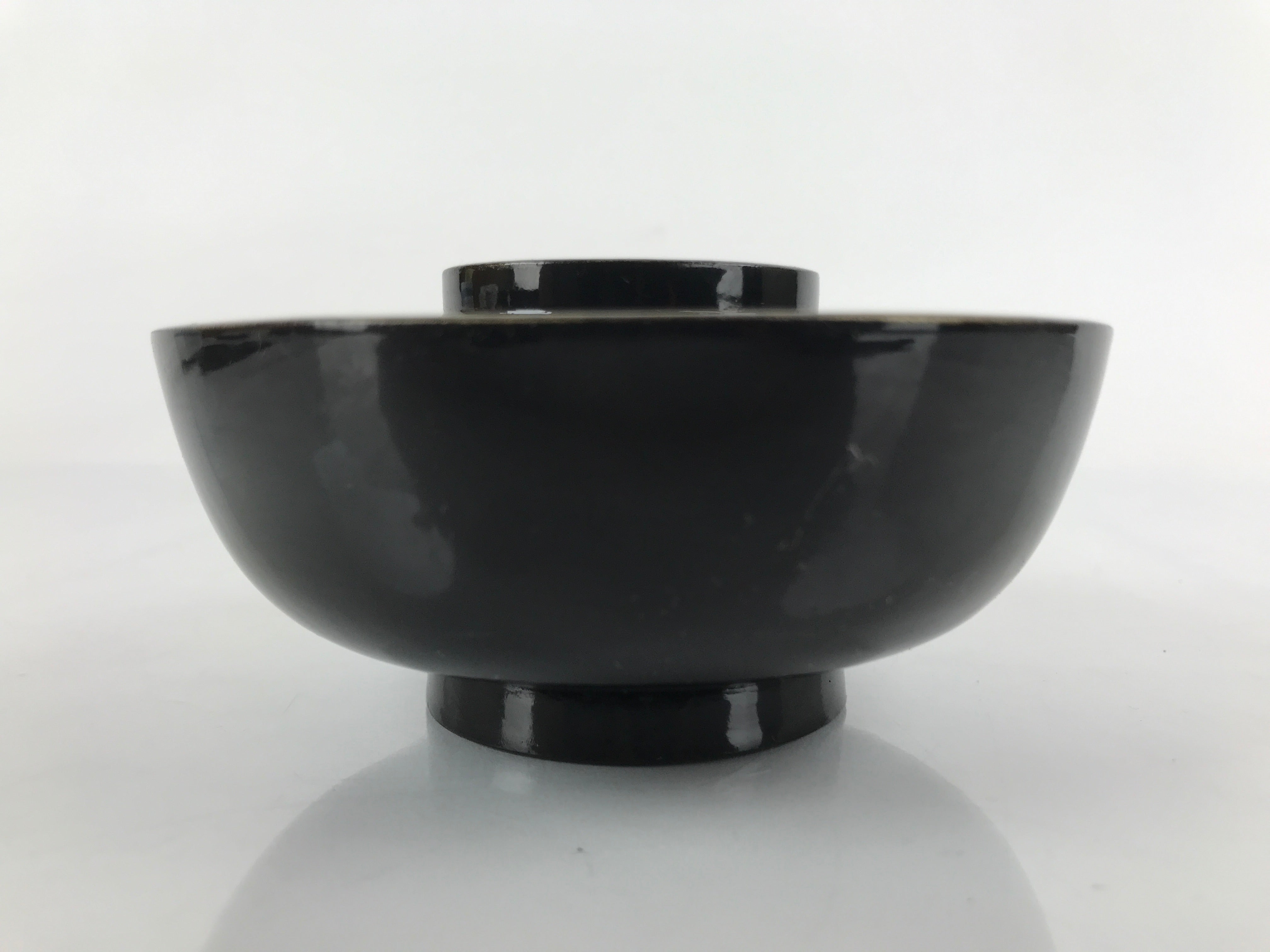 Japanese Lacquered Wooden Lidded Bowl Nimonowan Vtg Simple Black Gold LB113