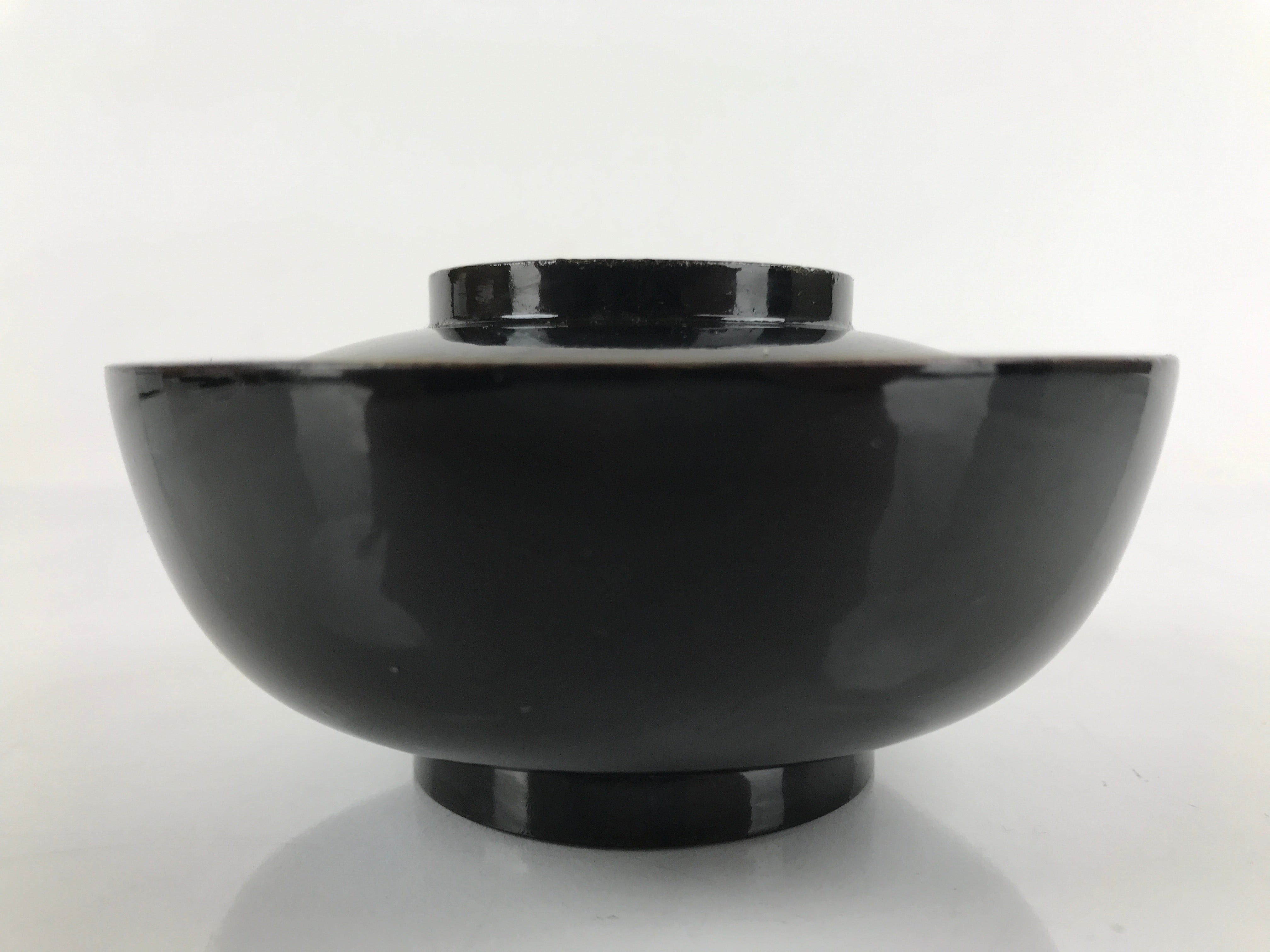 Japanese Lacquered Wooden Lidded Bowl Nimonowan Vtg Simple Black Gold LB114