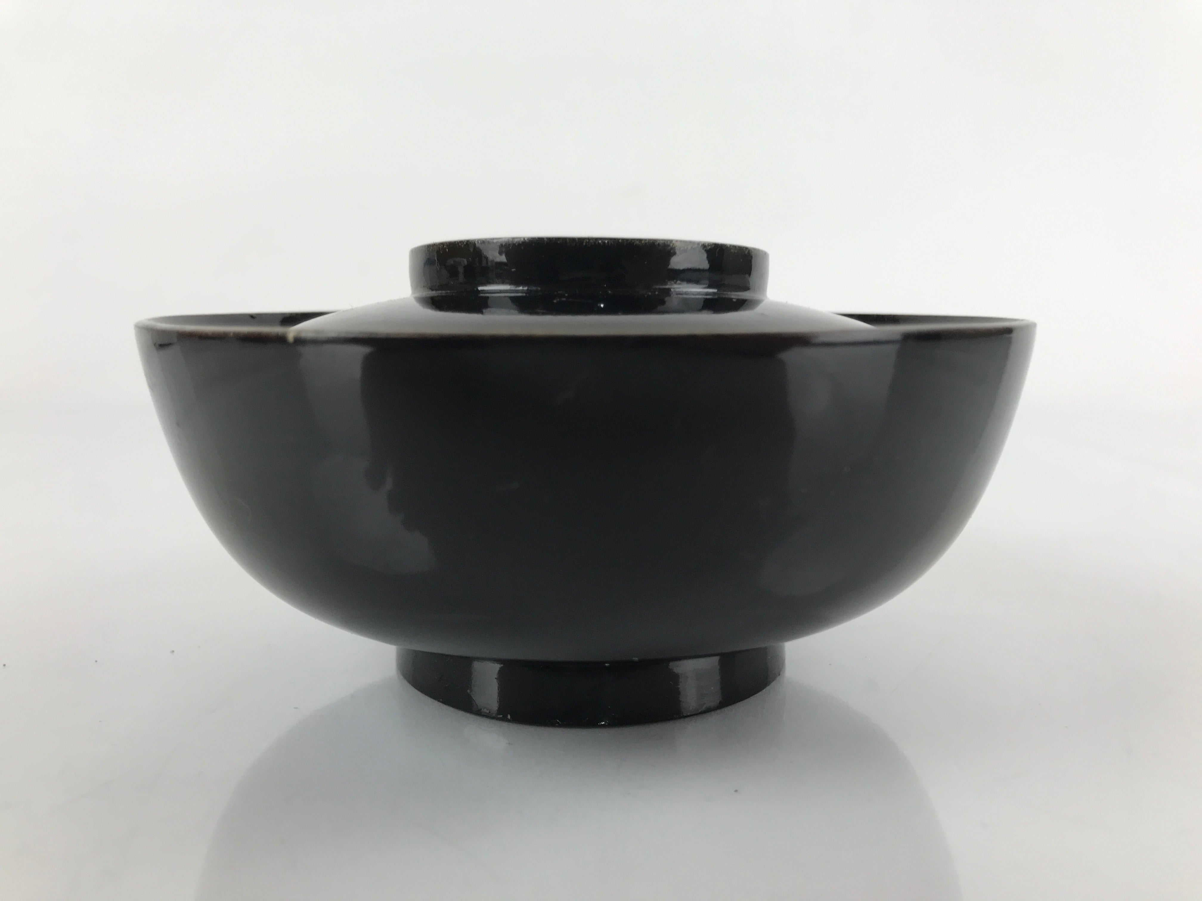 Japanese Lacquered Wooden Lidded Bowl Nimonowan Vtg Simple Black Gold LB115