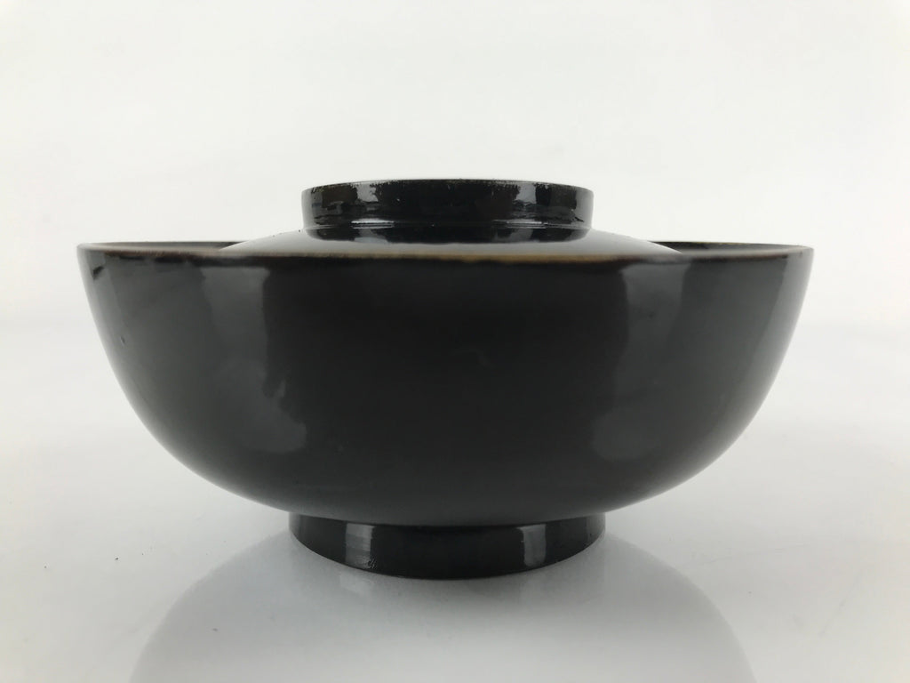 Japanese Lacquered Wooden Lidded Bowl Nimonowan Vtg Simple Black Gold LB115