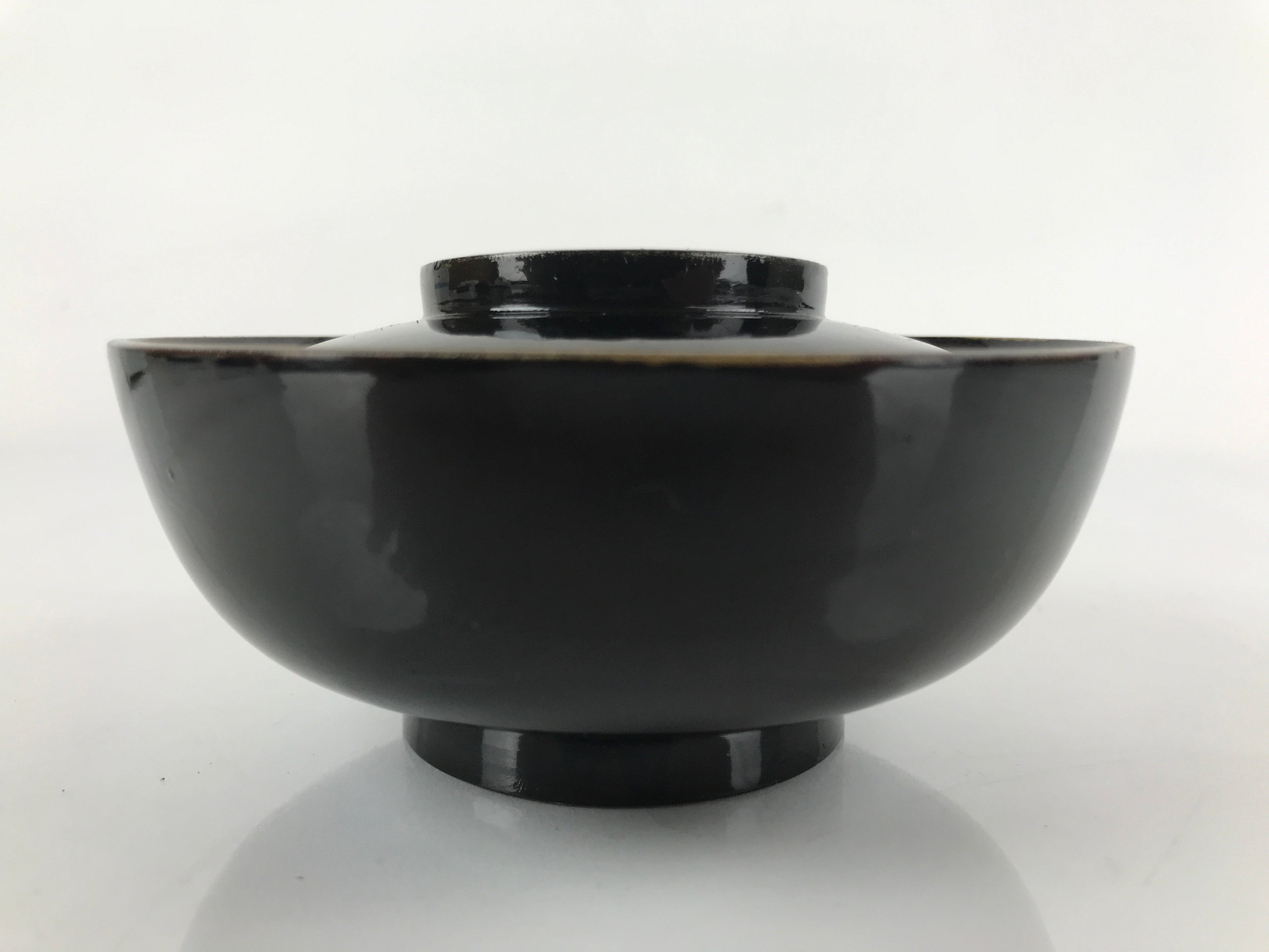 Japanese Lacquered Wooden Lidded Bowl Nimonowan Vtg Simple Black Gold LB115