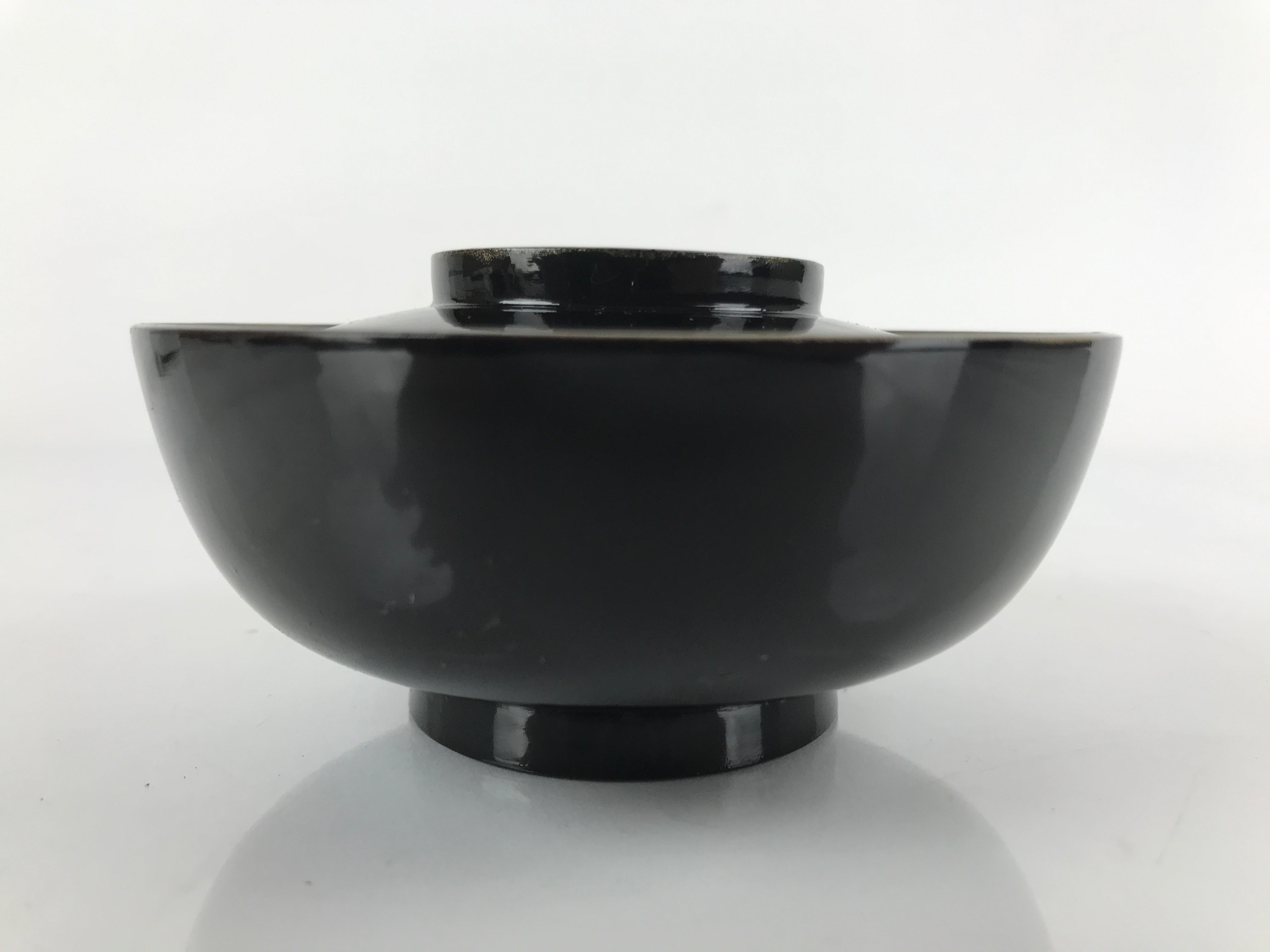 Japanese Lacquered Wooden Lidded Bowl Nimonowan Vtg Simple Black Gold LB115