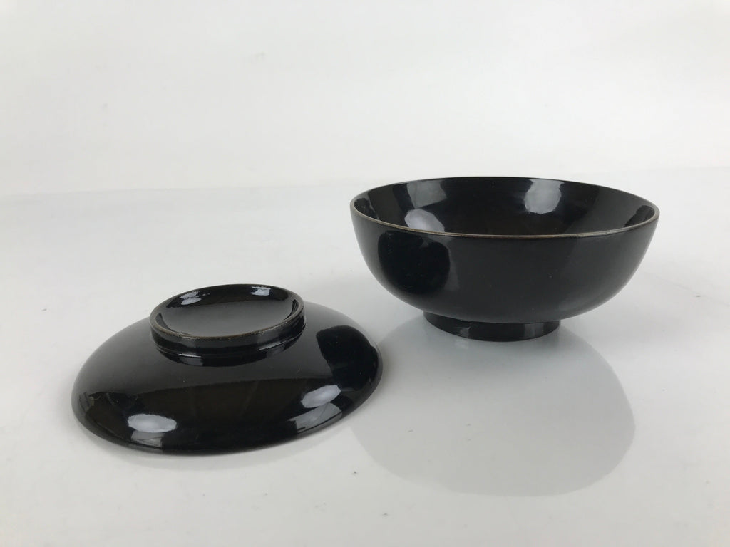 Japanese Lacquered Wooden Lidded Bowl Nimonowan Vtg Simple Black Gold LB116