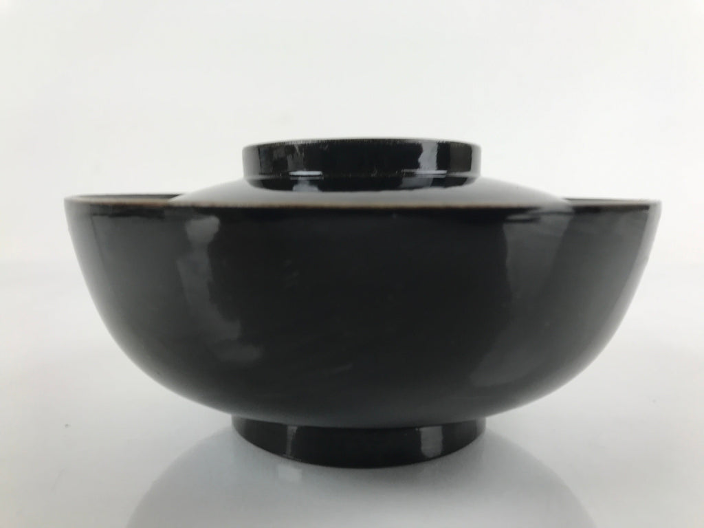 Japanese Lacquered Wooden Lidded Bowl Nimonowan Vtg Simple Black Gold LB116