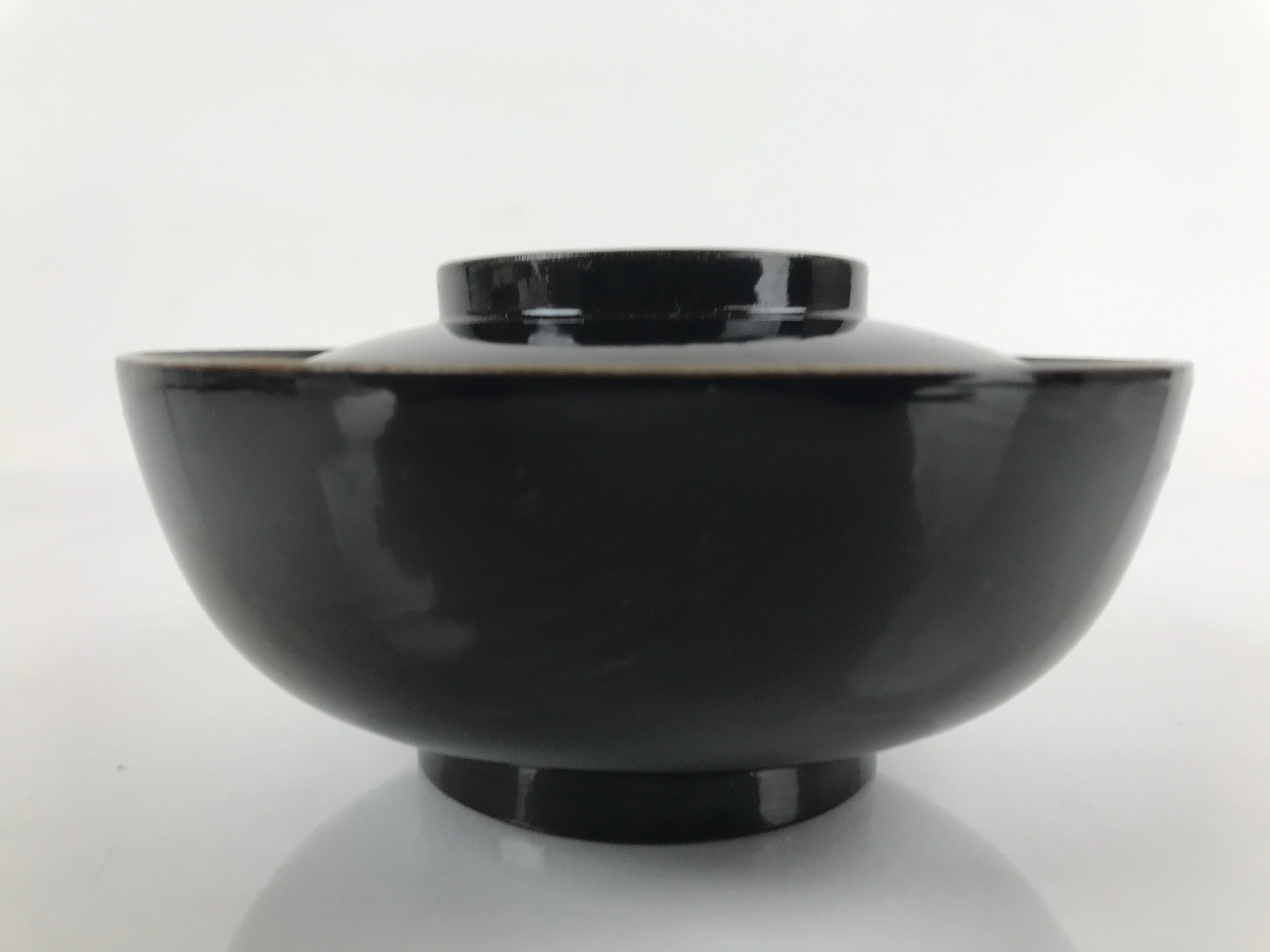 Japanese Lacquered Wooden Lidded Bowl Nimonowan Vtg Simple Black Gold LB116