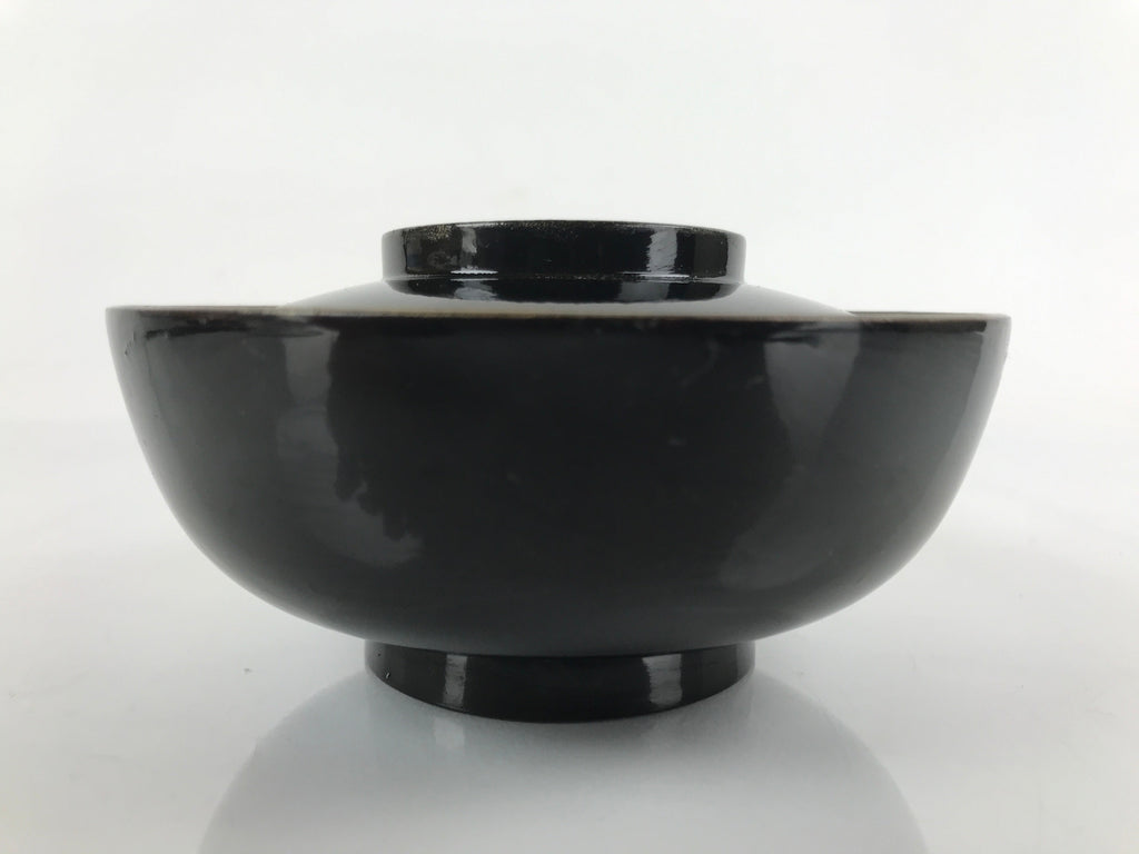 Japanese Lacquered Wooden Lidded Bowl Nimonowan Vtg Simple Black Gold LB116