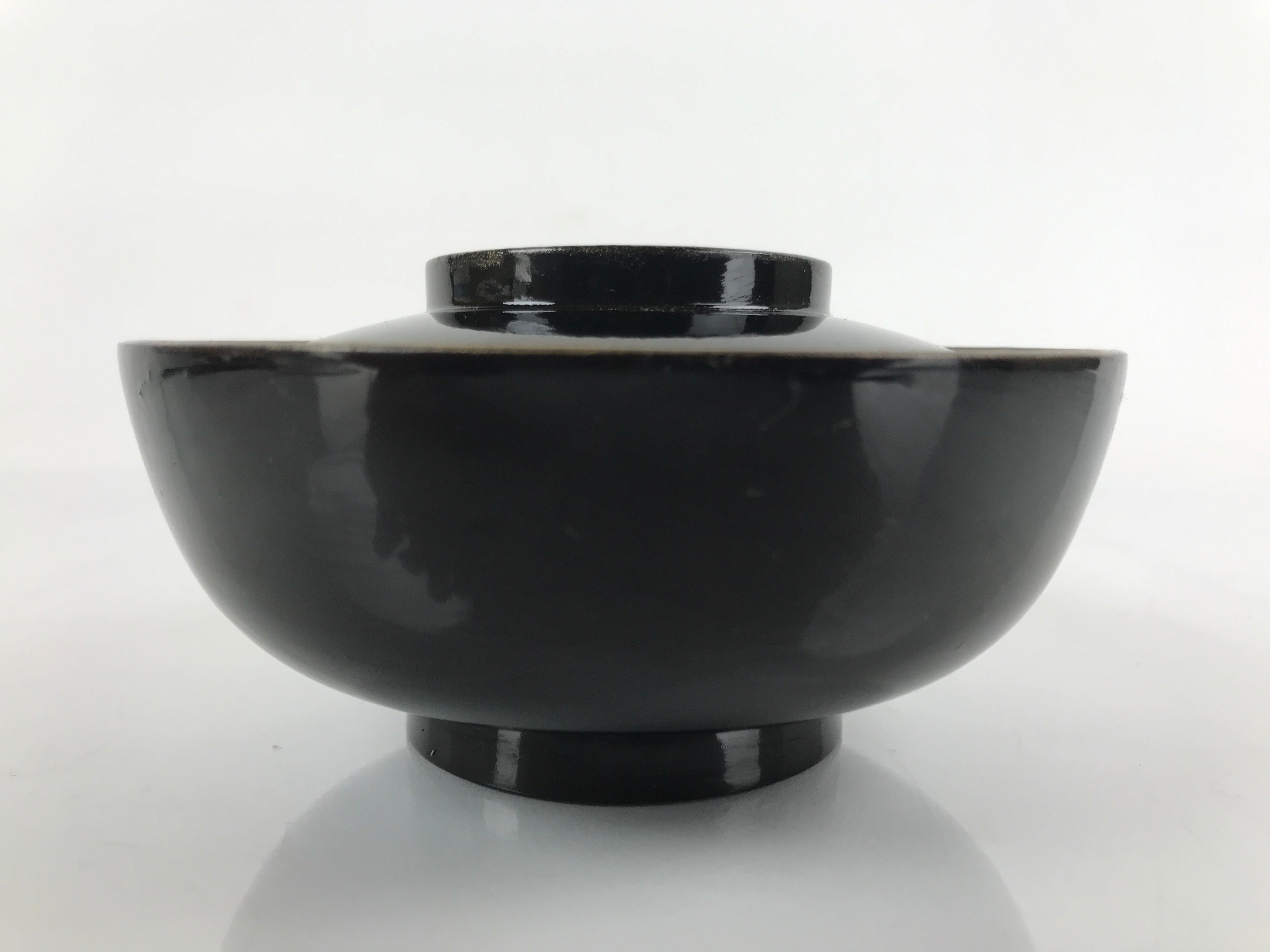 Japanese Lacquered Wooden Lidded Bowl Nimonowan Vtg Simple Black Gold LB116
