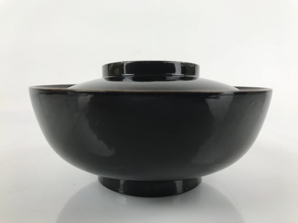 Japanese Lacquered Wooden Lidded Bowl Nimonowan Vtg Simple Black Gold LB116