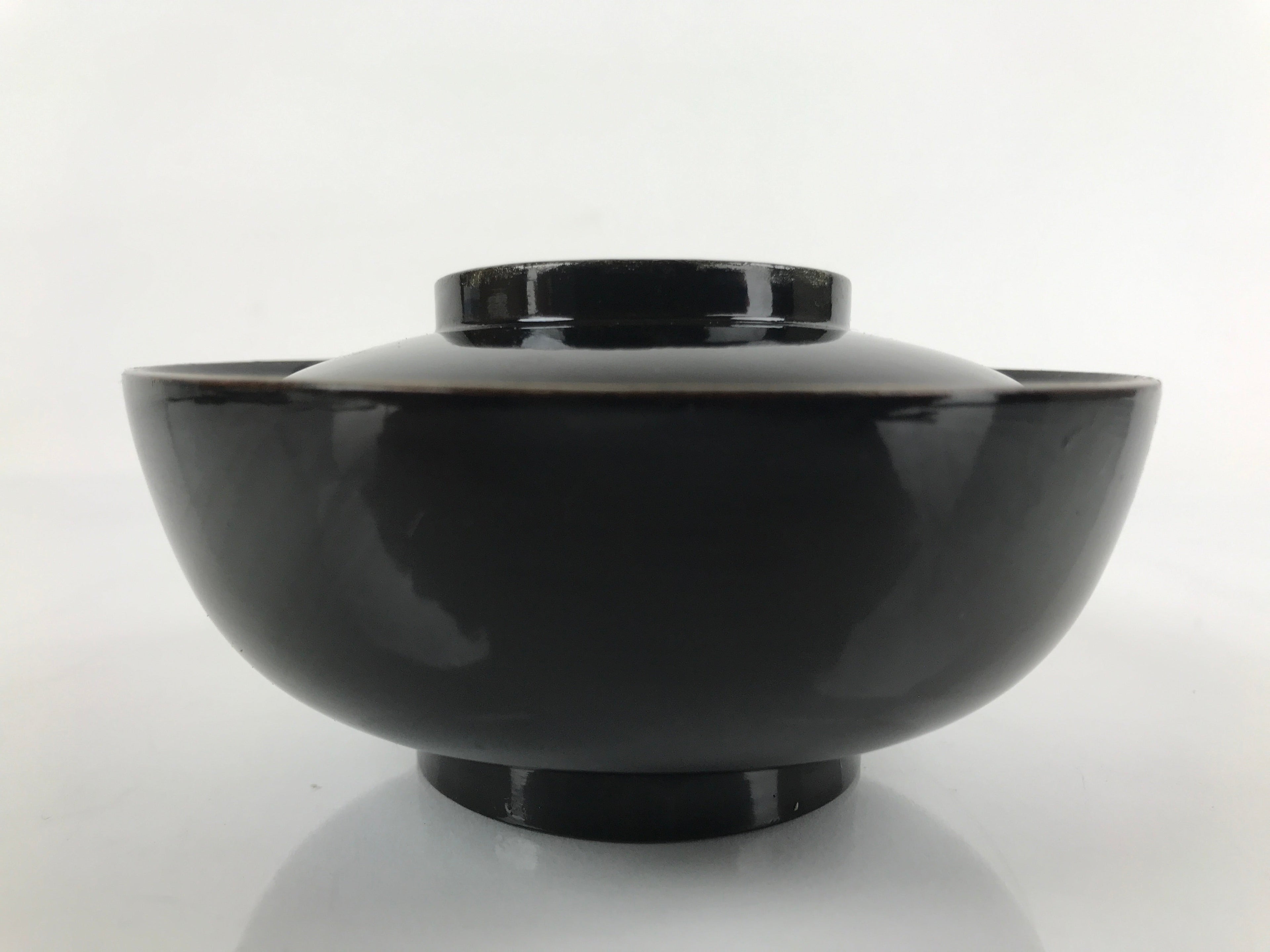 Japanese Lacquered Wooden Lidded Bowl Nimonowan Vtg Simple Black Gold LB116