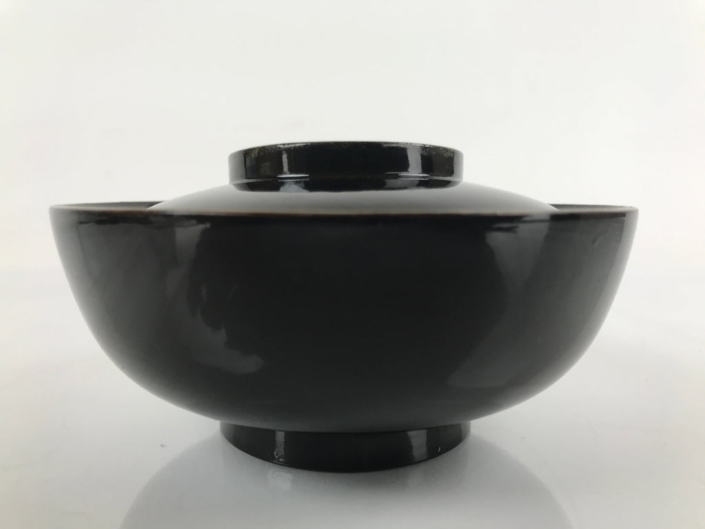 Japanese Lacquered Wooden Lidded Bowl Nimonowan Vtg Simple Black Gold LB116