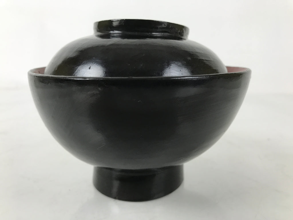 Japanese Lacquered Wooden Lidded Bowl Owan Vtg Rice Soup Dish Black Red LB128