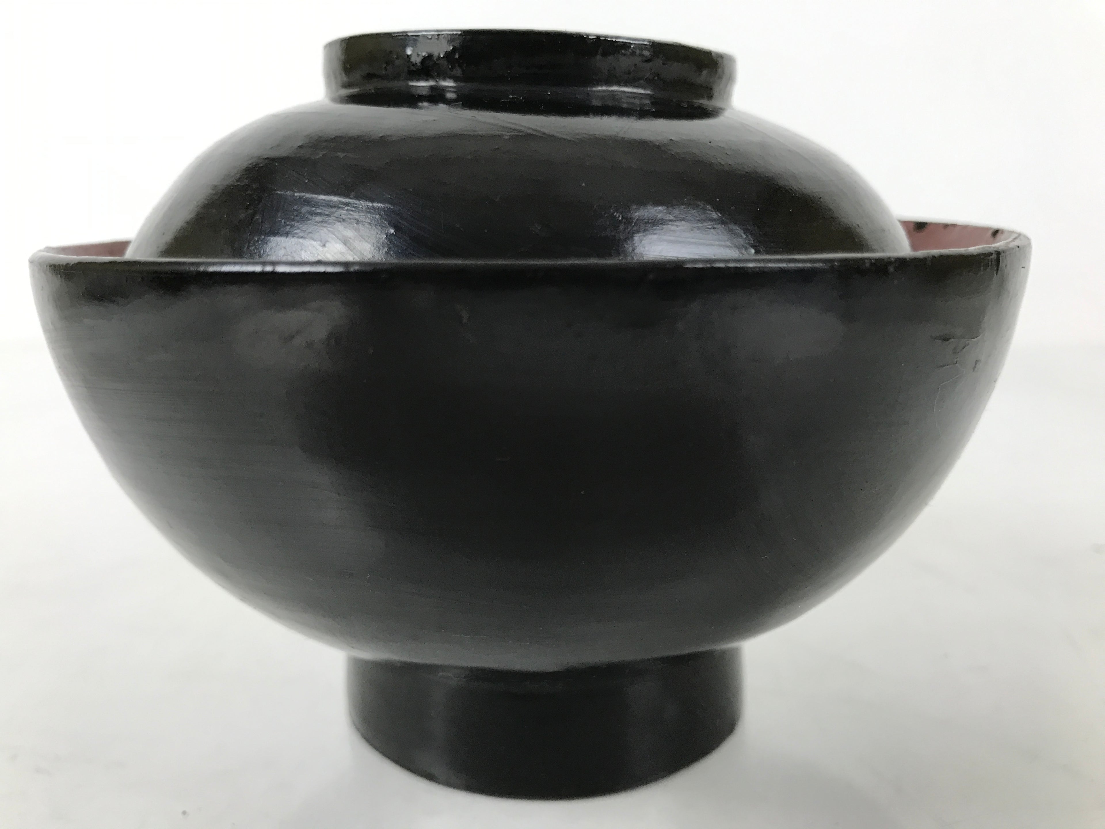 Japanese Lacquered Wooden Lidded Bowl Owan Vtg Rice Soup Dish Black Red LB128