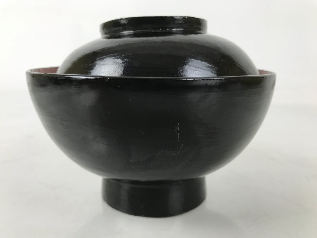 Japanese Lacquered Wooden Lidded Bowl Owan Vtg Rice Soup Dish Black Red LB128